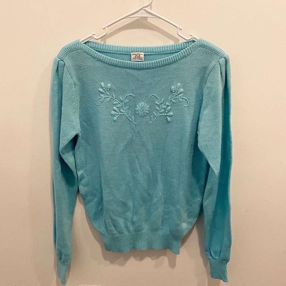 Vintage 80s Pastel Blue Embroidered Sweater